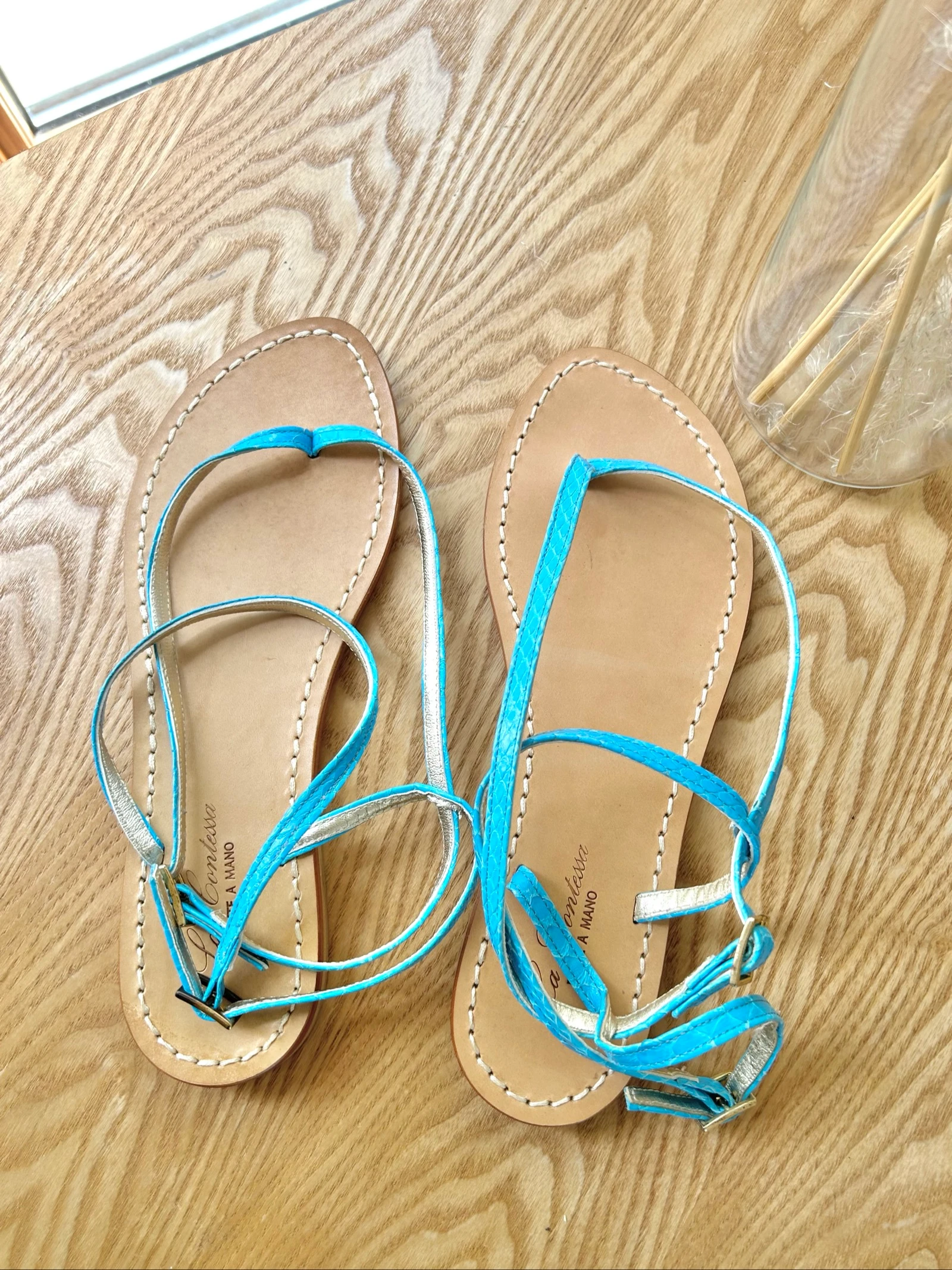 Sandales bleue turquoise bande entremêlées comme neuve Pointure 39 La Contessa – photo 7